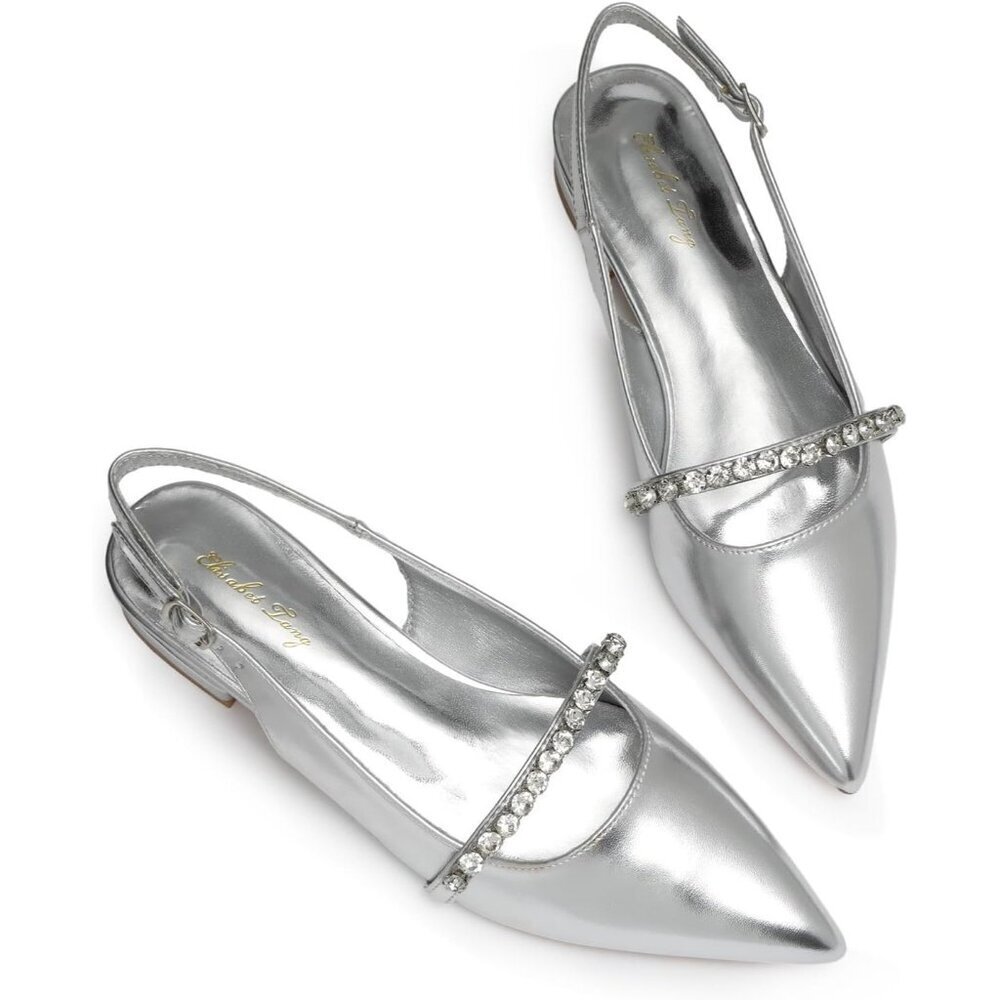 Women Silver Polyurethane (PU) Rhinestone Pointed Toe Slingback Flats Shoes